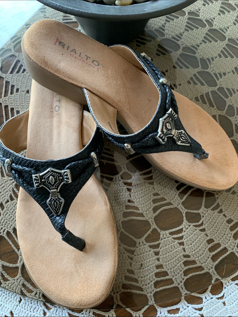 Rialto Black Embellished Thong Wedge Mules